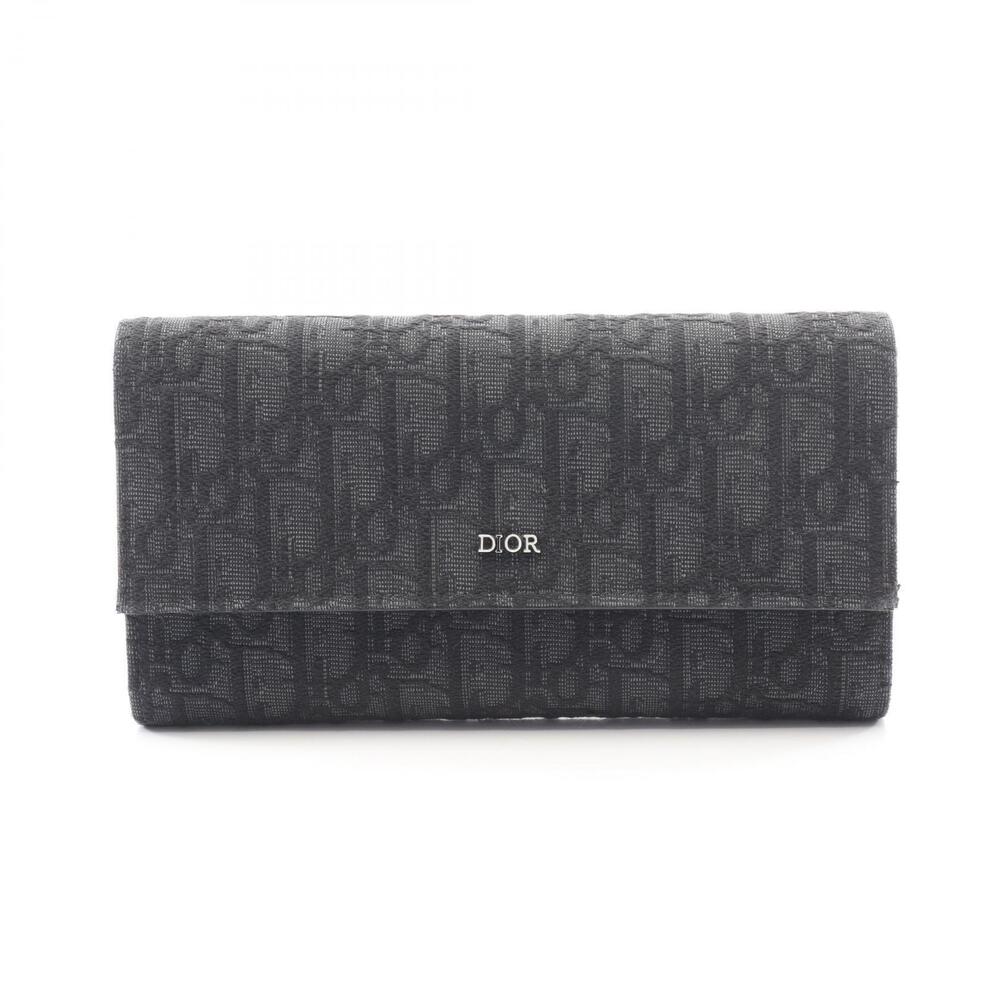 Christian Dior Oblique Jacquard Bifold Long Wallet Canvas Black